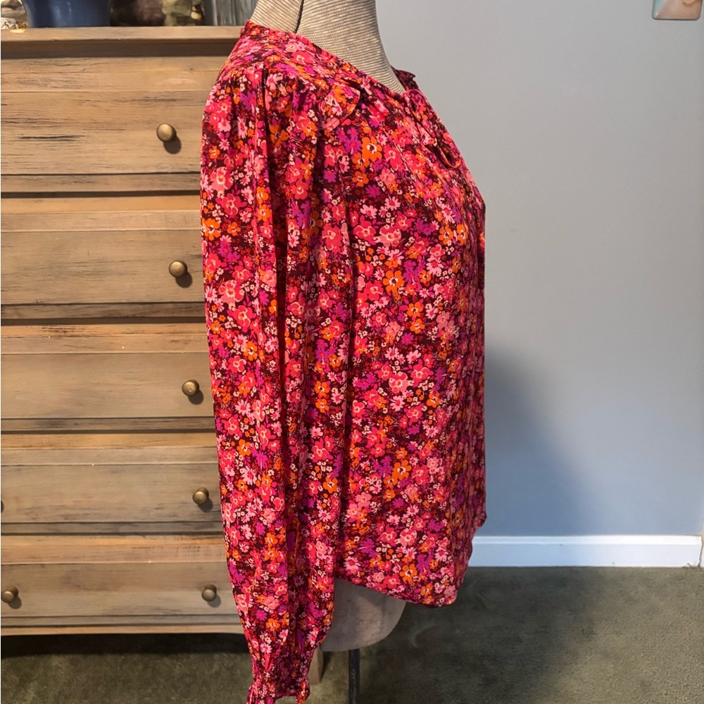J Crew Floral Vintage Burgundy Pink Tie Front Long Sleeve Top